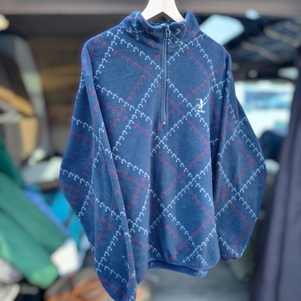 VTG Nautica Fleece Pullover Navy Blue Mens Large Argyle Quarter Zip Sweater‎ USA